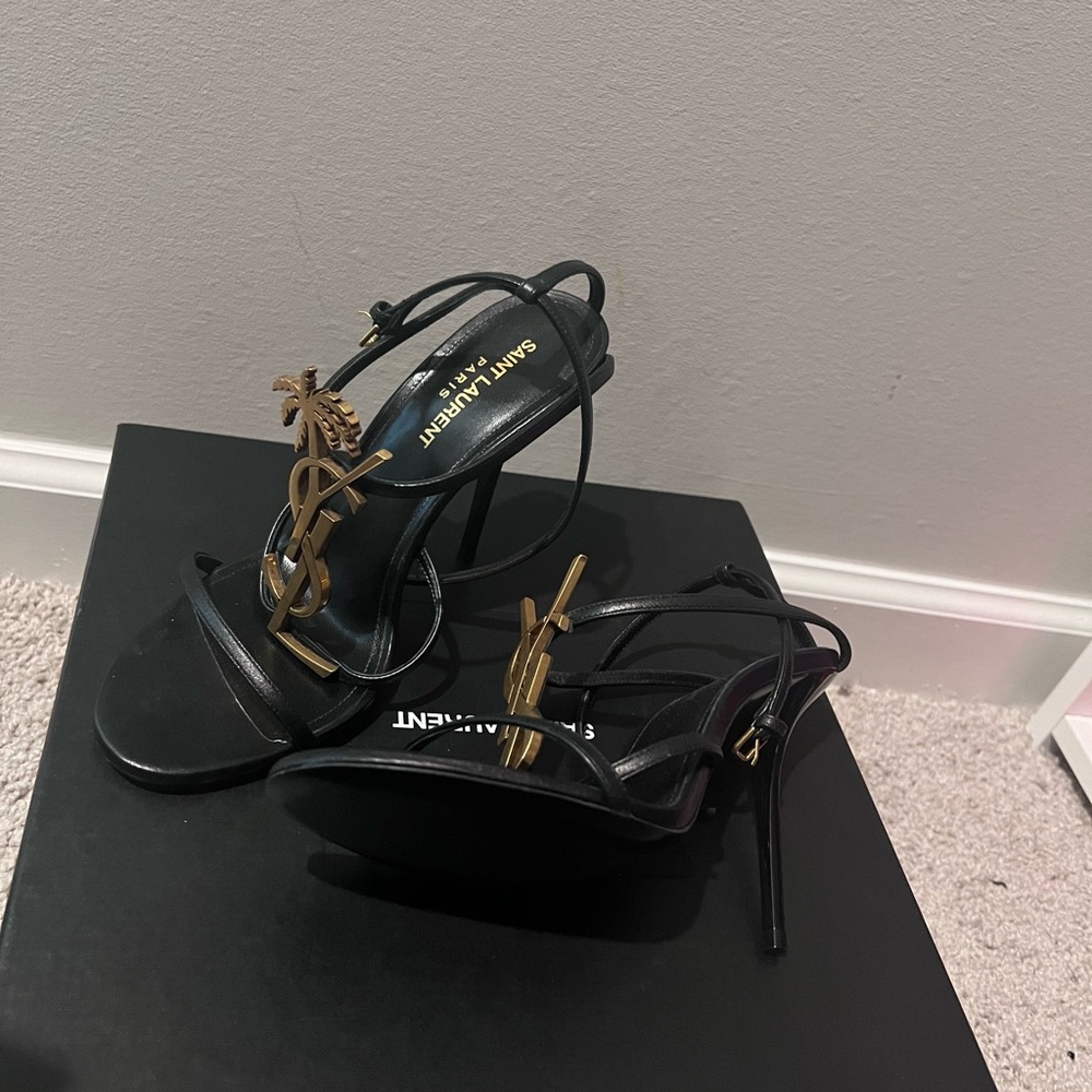 Saint Laurent Black and Gold High Heeled Sandals - Picture 3 of 5